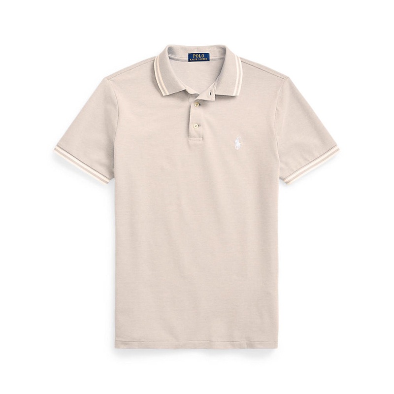 Men's Custom Slim Fit Stretch Mesh Polo Shirt Coastal Beige/White