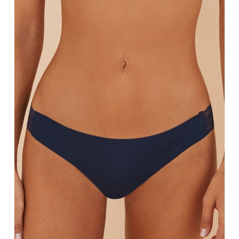 Microfiber and Lace Brazilian Panty Navy Blue