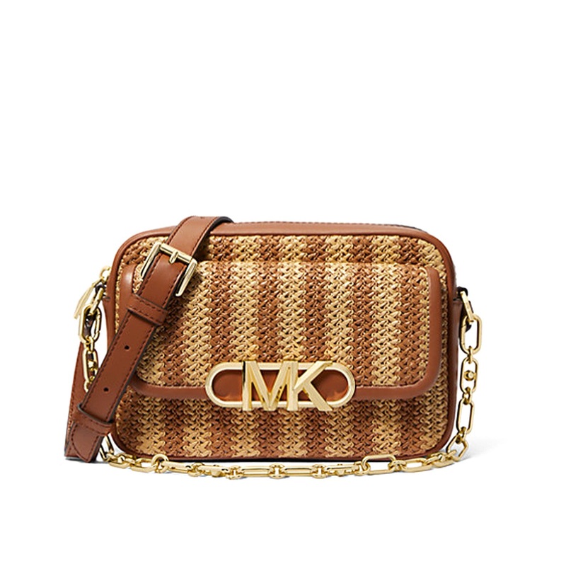 Parker Medium Striped Straw and Leather Crossbody Bag Natt/Lug